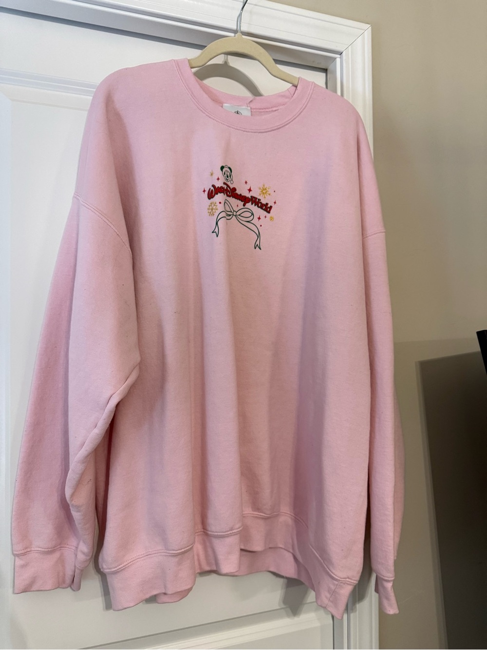 Disney Light Pink Crewneck Sweatshirt with Embroidered Bow